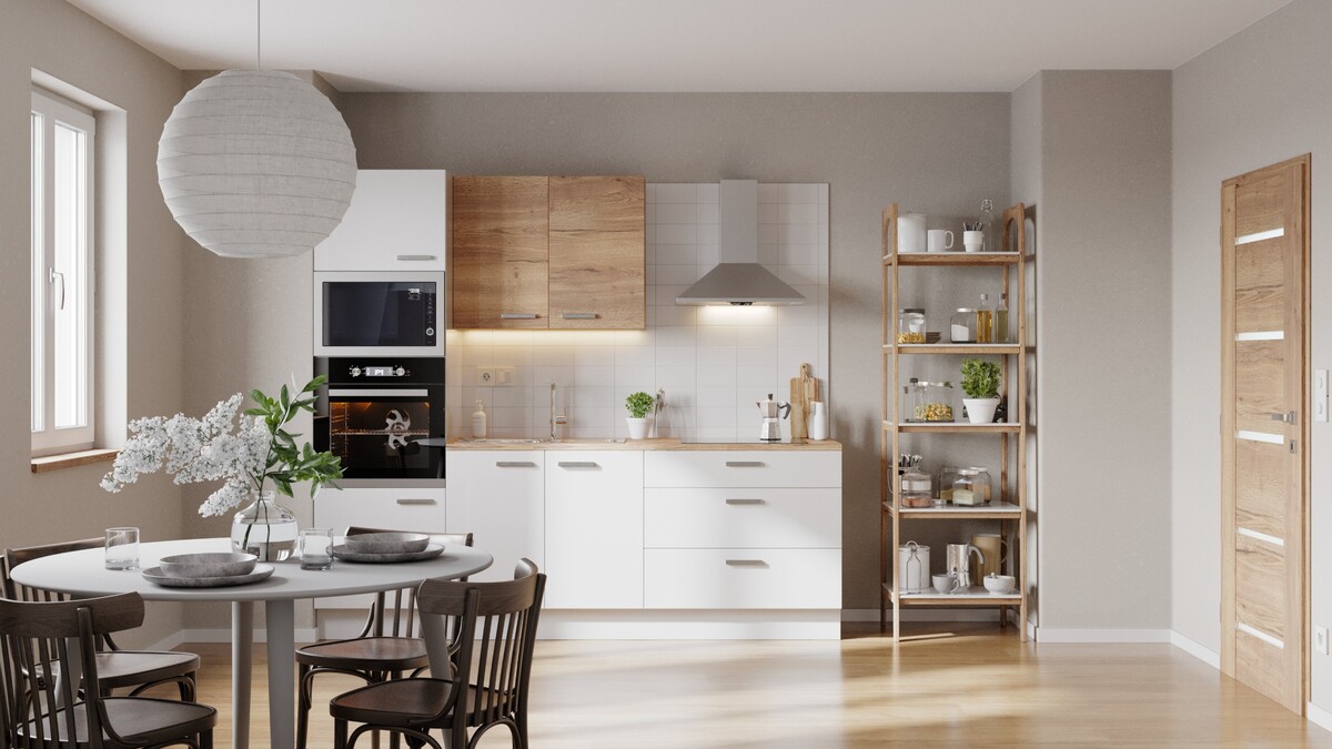 Kuchyňská linka Naturel 240 cm lesk bílá/dub se spotřebiči Electrolux EASYBLOK19EL Naturel