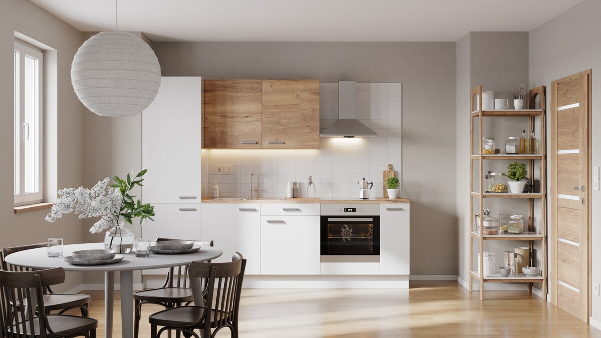 Kuchyňská linka Naturel 270 cm lesk bílá/dub se spotřebiči Electrolux EASYBLOK3EL Naturel